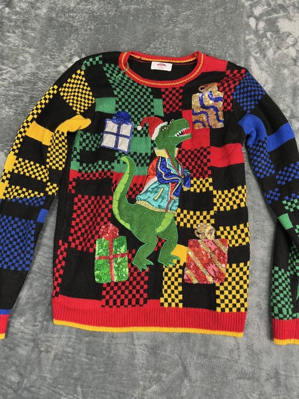 Holiday Time Dinosaur Christmas Sweater Sequin Presents Patchwork S